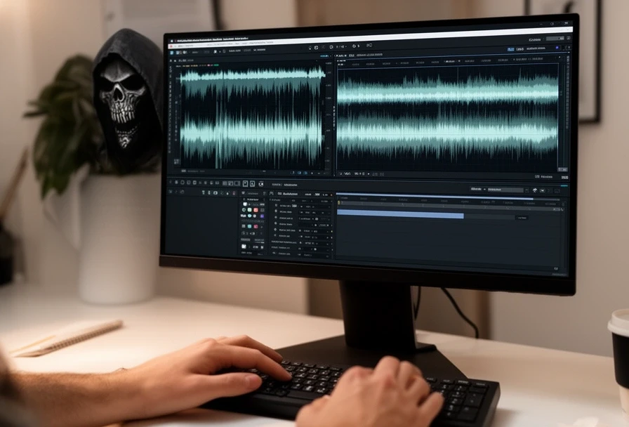 Person schneidet Audio am Laptop