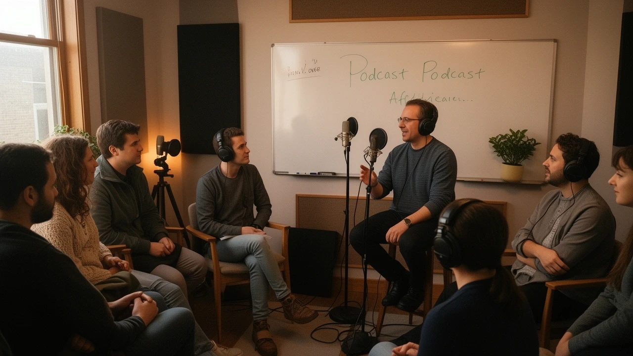 Kursleiter erklärt Aufnahmetechnik im Studio